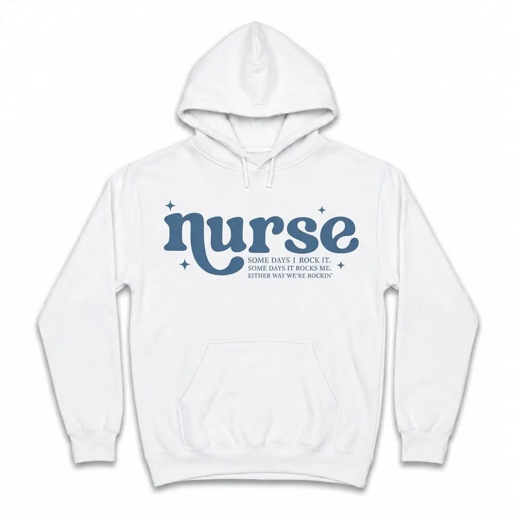 White nurse T-shirt displayed from the front, featuring bold blue lettering and the slogan “Some days I rock it. Some days it rocks me.”