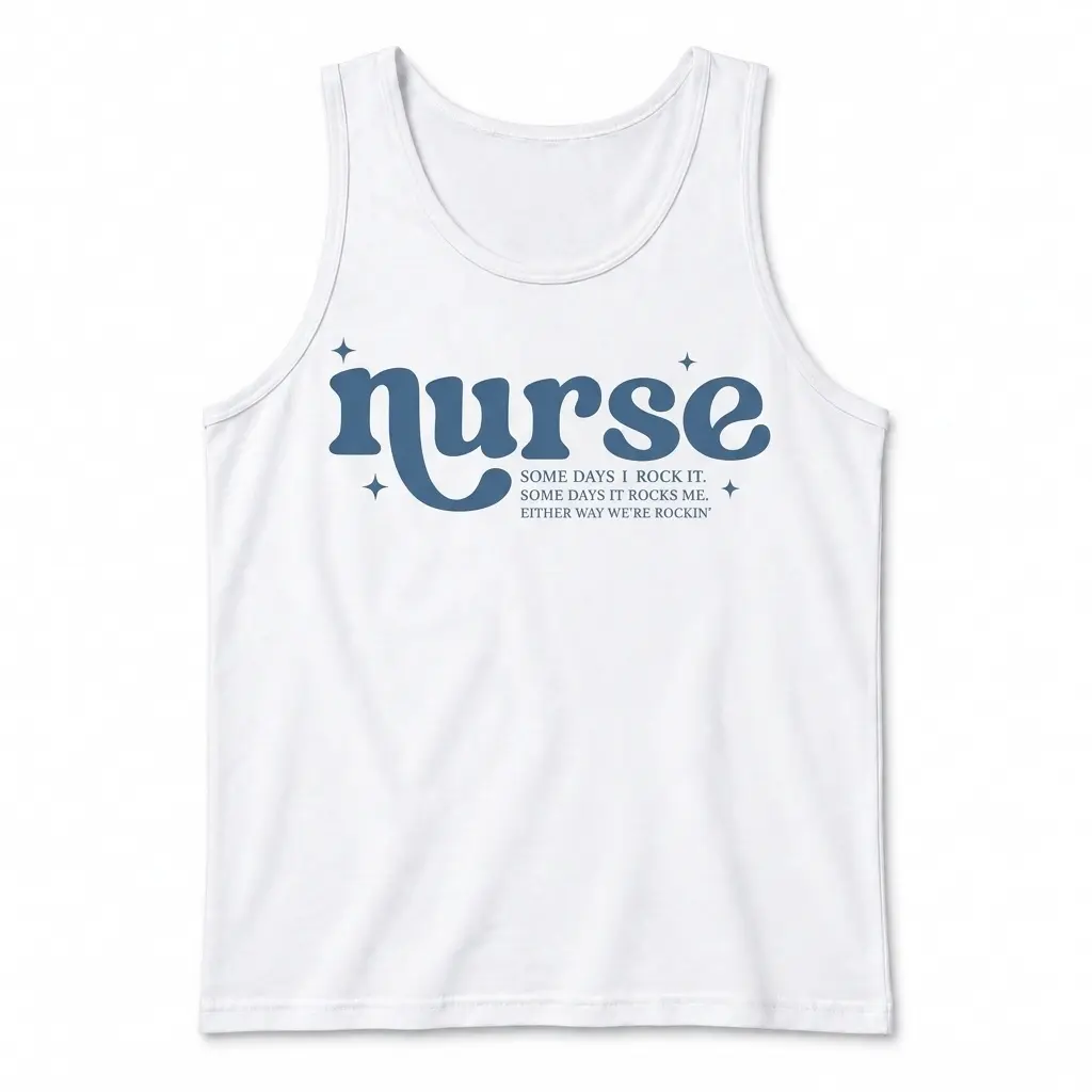 Front of a white T-shirt with a playful nurse design, blue star details and the line “Either way we’re rockin’.”