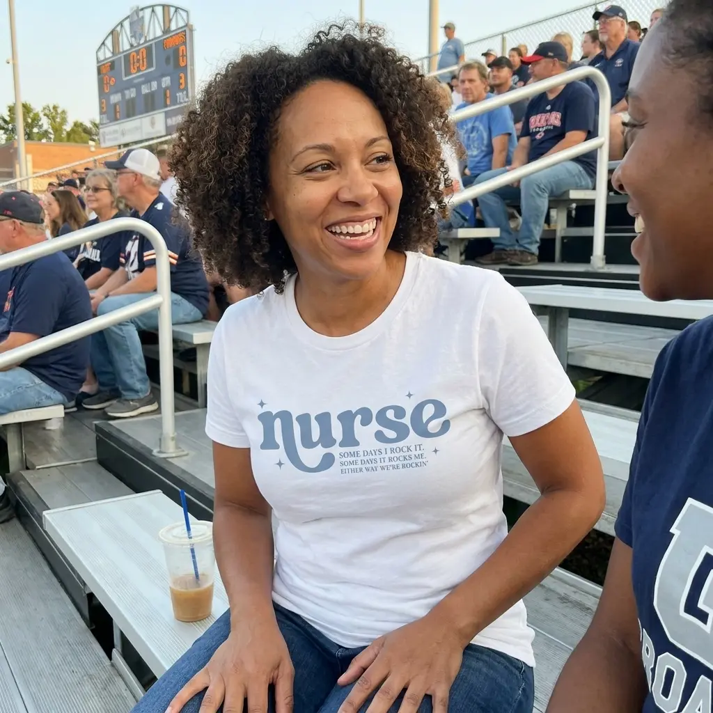 Funny nurse T-shirt featuring blue “nurse” lettering, star accents and a playful rocking-it slogan.