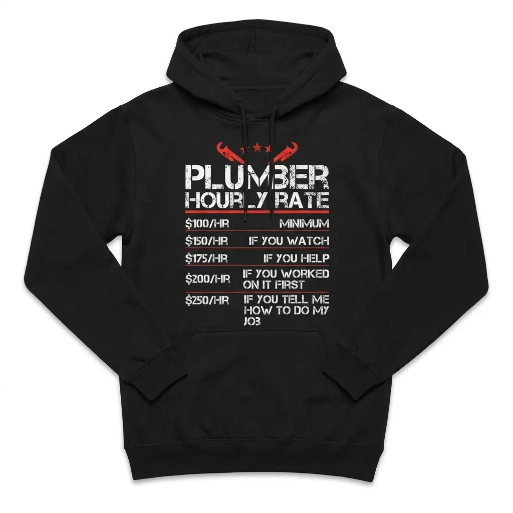 Funny Plumber Hourly Rate T-Shirt 2 Black hoodie flat lay featuring the humorous plumber hourly rate graphic print on the chest.