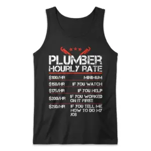 Funny Plumber Hourly Rate T-Shirt 8 Front flat lay of a black tank top with the distressed funny plumber hourly rate design.