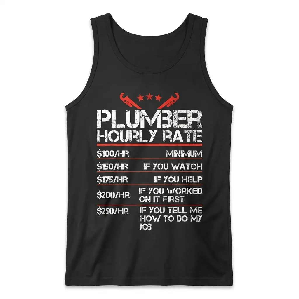 Funny Plumber Hourly Rate T-Shirt 3 Front flat lay of a black tank top with the distressed funny plumber hourly rate design.