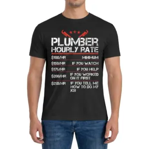 Funny Plumber Hourly Rate T-Shirt 9 Front view of a man wearing the funny plumber shirt with the hourly rate fee chart.