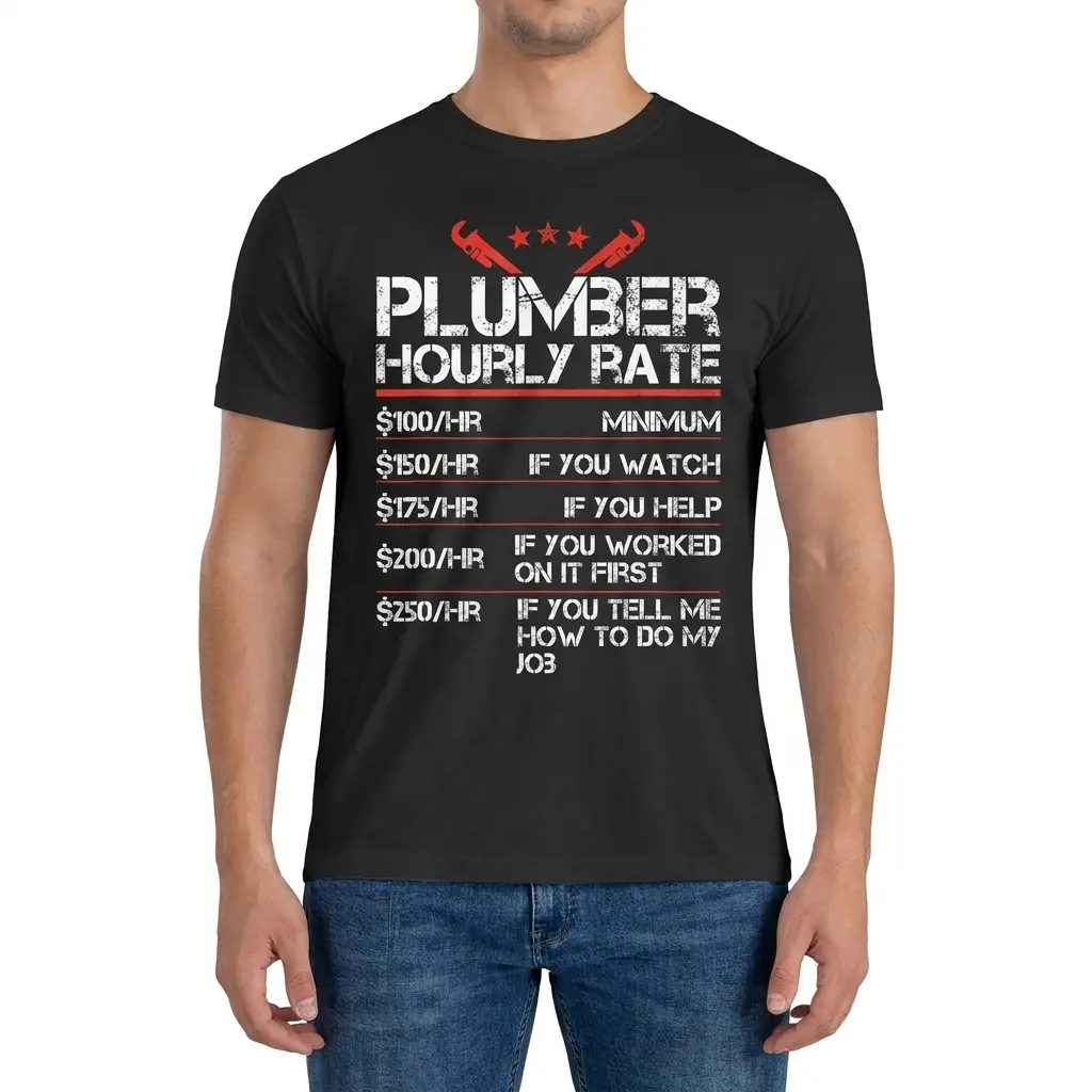 Funny Plumber Hourly Rate T-Shirt 4 Front view of a man wearing the funny plumber shirt with the hourly rate fee chart.