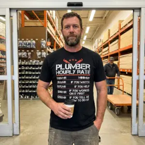 Funny Plumber Hourly Rate T-Shirt 10 Lifestyle view showcasing the funny plumber hourly rate graphic t-shirt in daily wear.