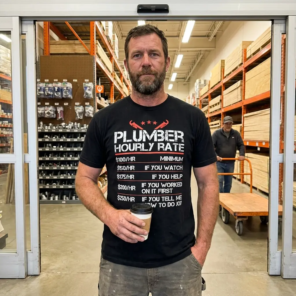 Funny Plumber Hourly Rate T-Shirt 5 Lifestyle view showcasing the funny plumber hourly rate graphic t-shirt in daily wear.