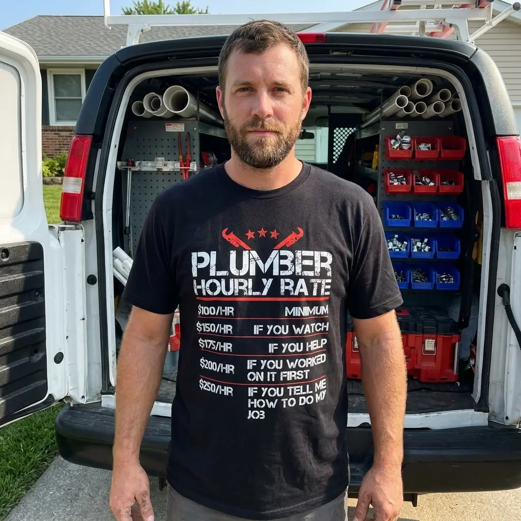 Funny Plumber Hourly Rate T-Shirt 6 Humorous plumber hourly rate shirt displayed in an everyday casual lifestyle setting.
