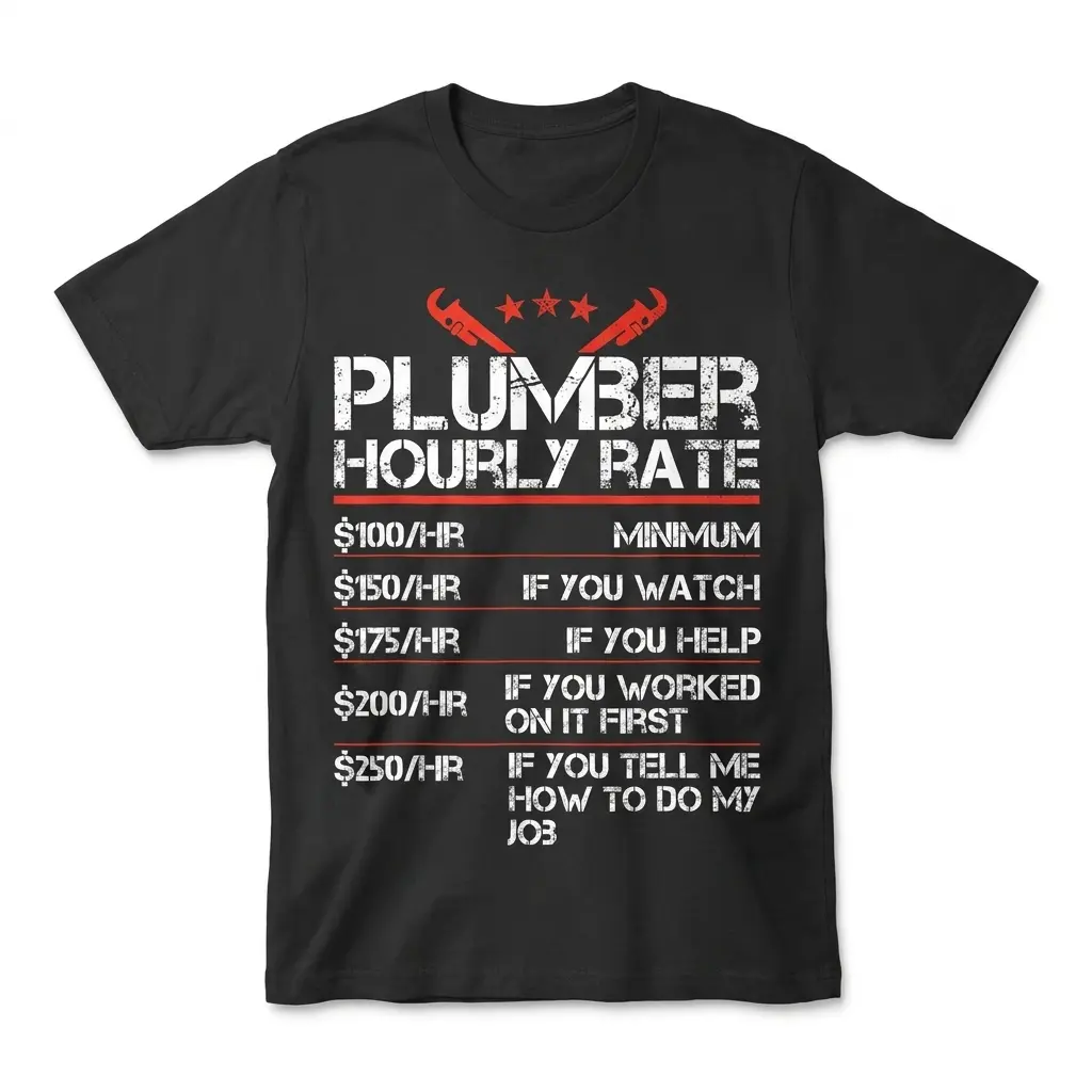 Funny Plumber Hourly Rate T-Shirt 1 Funny plumber hourly rate graphic printed on the front of a black t-shirt displayed flat.