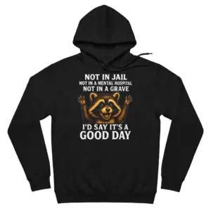 Funny Raccoon Good Day T-Shirt 7 Front flat lay of a black hoodie with the funny raccoon graphic and sarcastic good day quote.