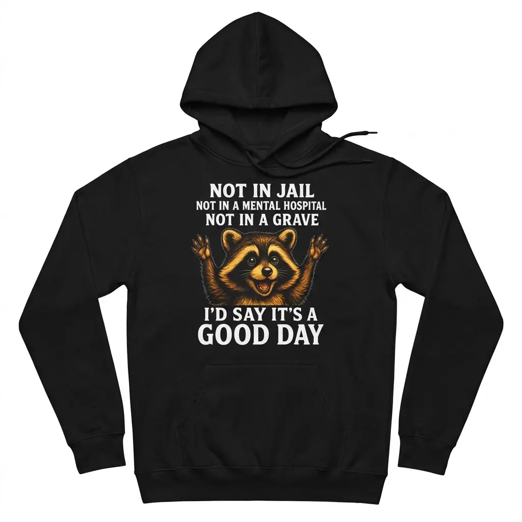 Front flat lay of a black hoodie with the funny raccoon graphic and sarcastic good day quote.