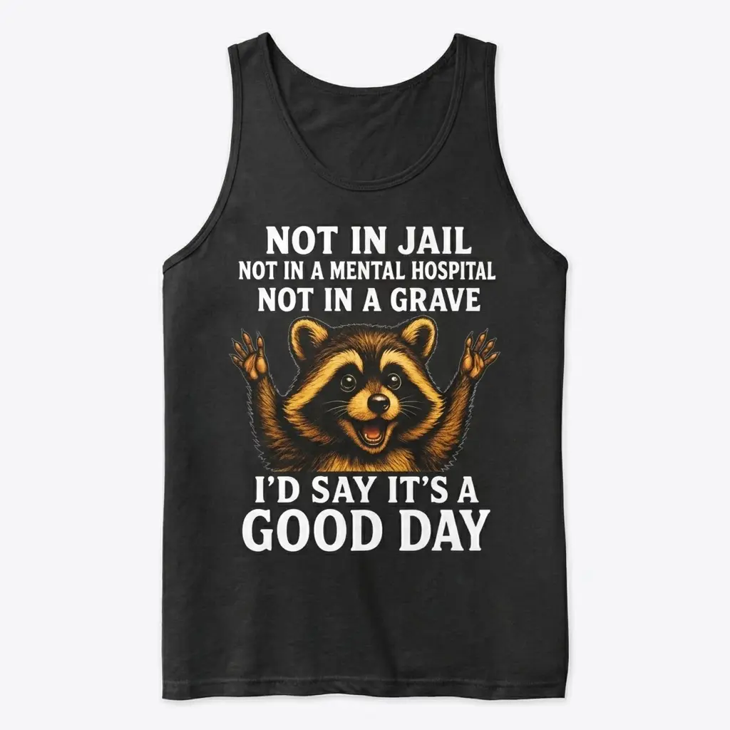 Front view flat lay of a black tank top printed with a cheerful raccoon and funny upbeat text.