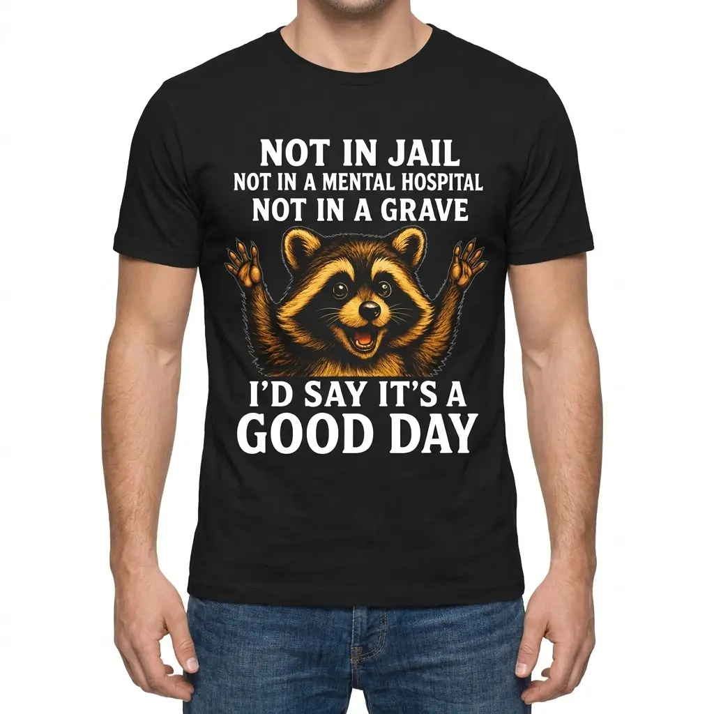 Male model wearing the black graphic t-shirt featuring a raccoon and humorous good day text.