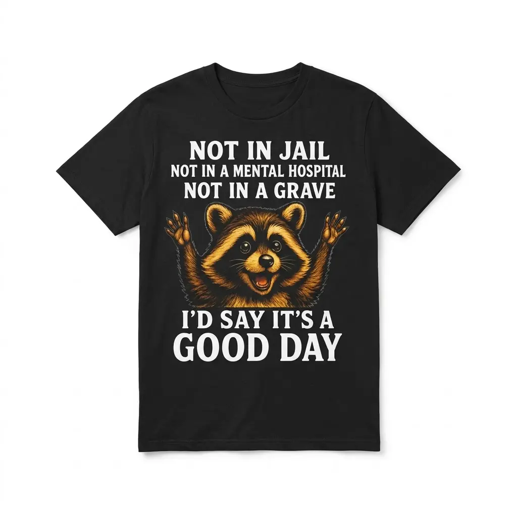 Flat lay of a black t-shirt featuring a happy raccoon graphic and humorous text about having a good day.