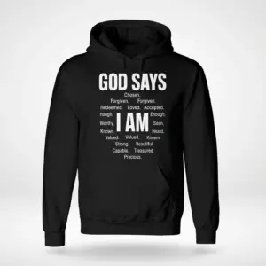 Funny Retired Nurse T-Shirt – Not My Problem Anymore 7 Black hoodie front flat lay with white GOD SAYS and I AM affirmation text.