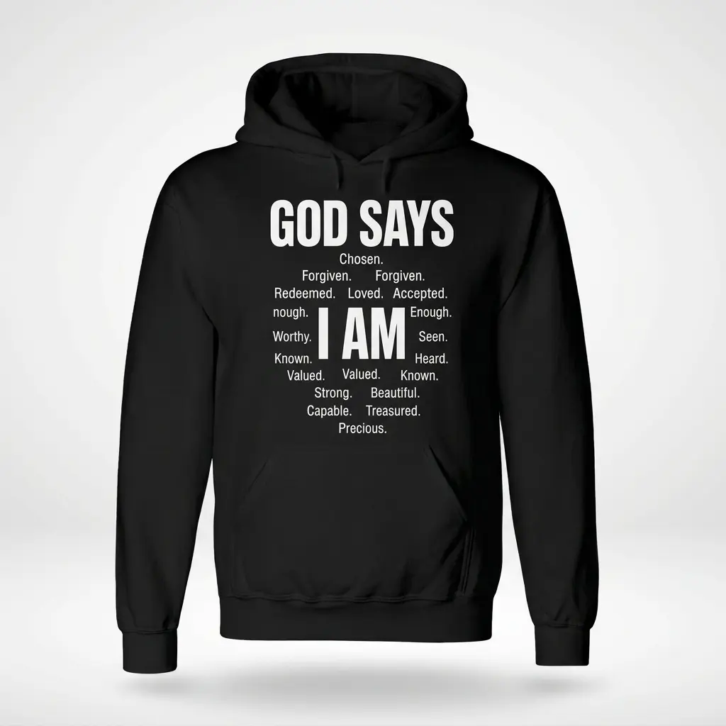 Funny Retired Nurse T-Shirt – Not My Problem Anymore 2 Black hoodie front flat lay with white GOD SAYS and I AM affirmation text.