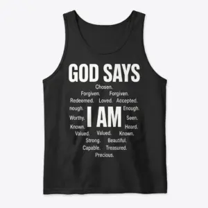 Funny Retired Nurse T-Shirt – Not My Problem Anymore 8 Black tank top front flat lay with white GOD SAYS and I AM affirmation text.