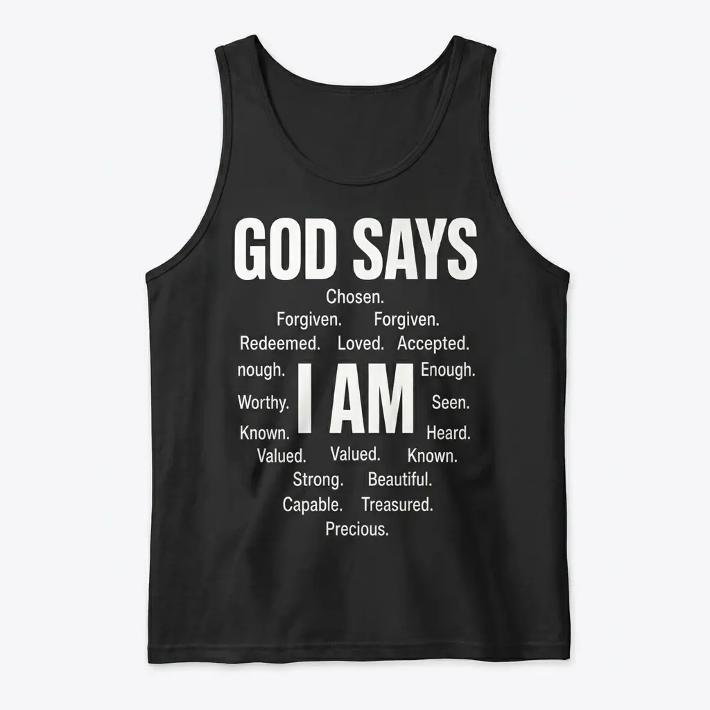 Funny Retired Nurse T-Shirt – Not My Problem Anymore 3 Black tank top front flat lay with white GOD SAYS and I AM affirmation text.
