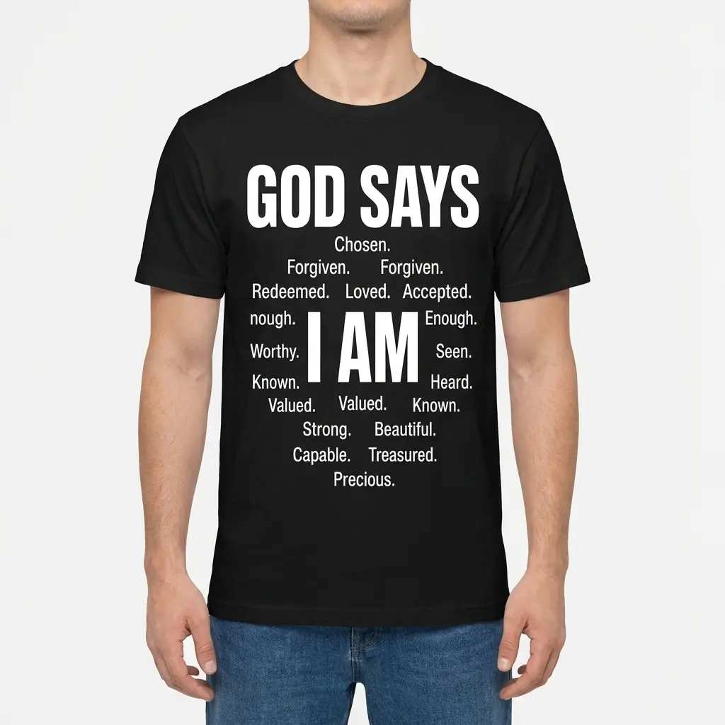 Funny Retired Nurse T-Shirt – Not My Problem Anymore 4 Man wearing a black shirt with white GOD SAYS and I AM affirmation text on the front.