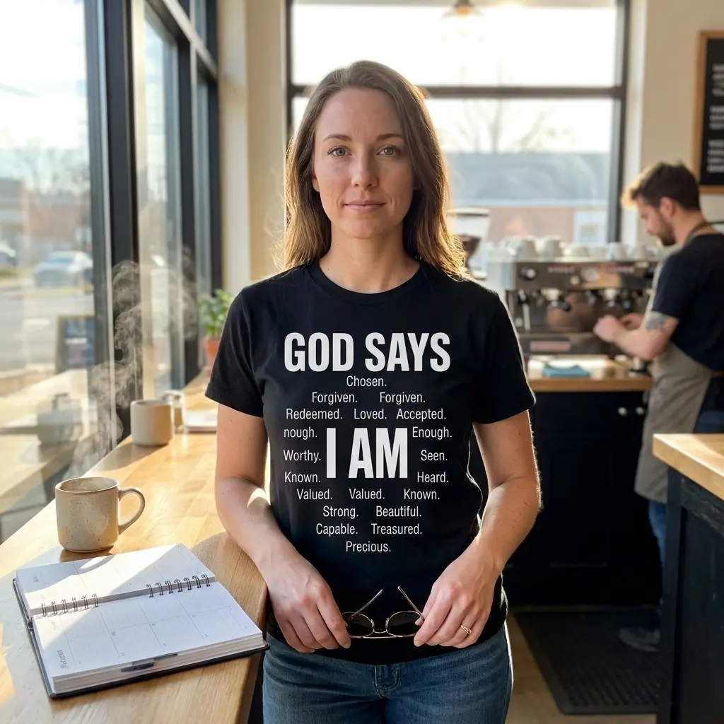 Funny Retired Nurse T-Shirt – Not My Problem Anymore 5 Black shirt featuring white GOD SAYS and I AM affirmation text.