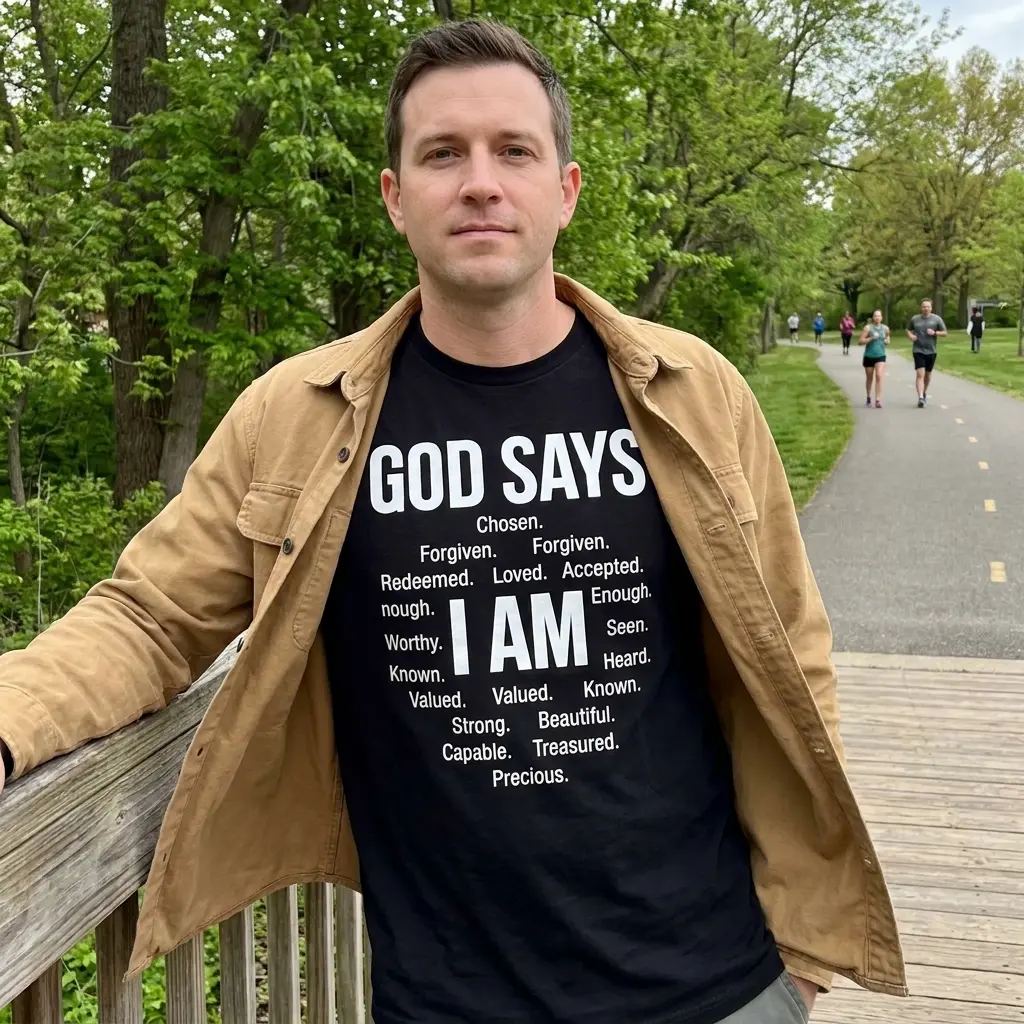 Funny Retired Nurse T-Shirt – Not My Problem Anymore 6 Front design with GOD SAYS, I AM, and positive affirmation words in white.