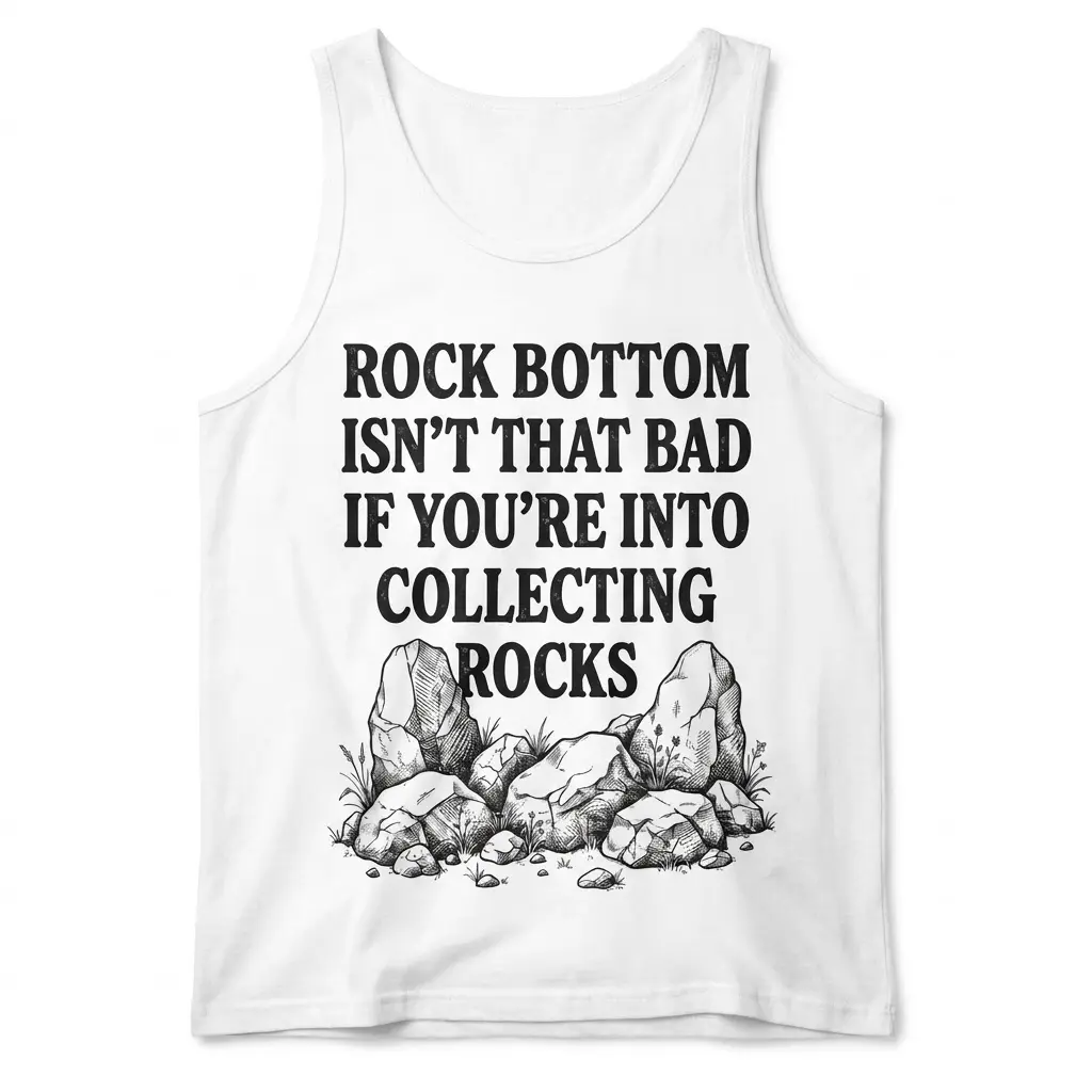 Flat lay view of a tank top featuring the humorous rock bottom rock collecting typography and boulder illustration.