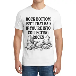 Funny Rock Bottom Rock Collecting T-Shirt 9 Front view of a man wearing the funny rock collecting shirt with boulder artwork.