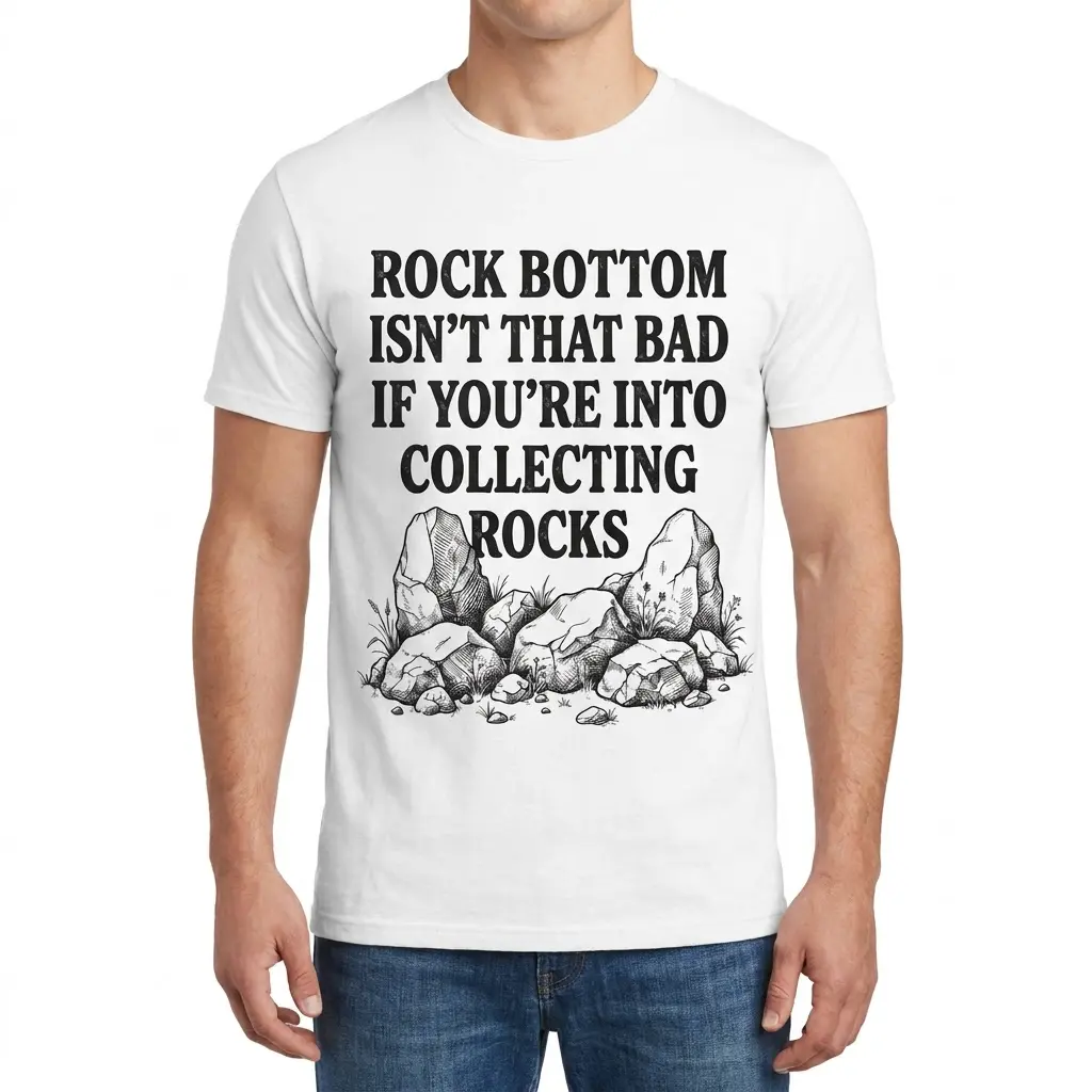 Front view of a man wearing the funny rock collecting shirt with boulder artwork.