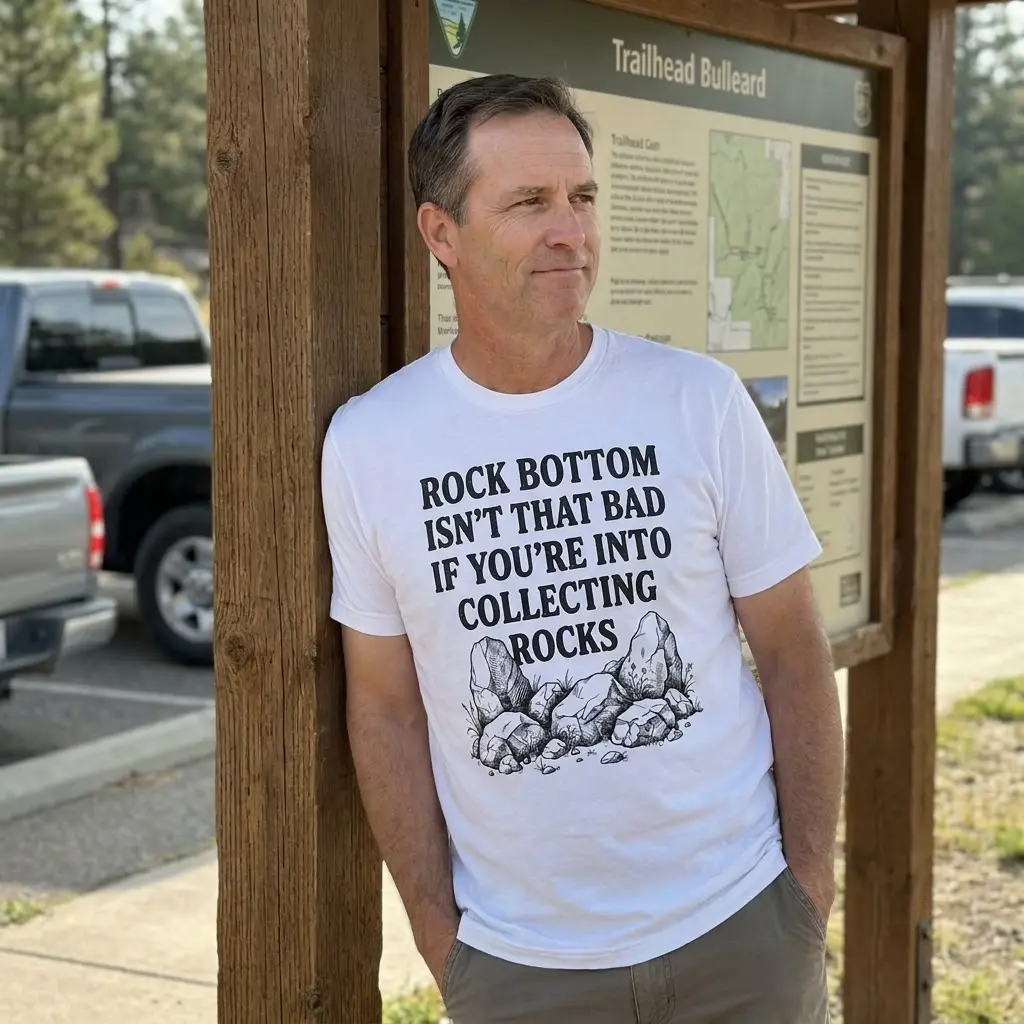 Casual lifestyle setting featuring the rock bottom rock collecting graphic apparel.
