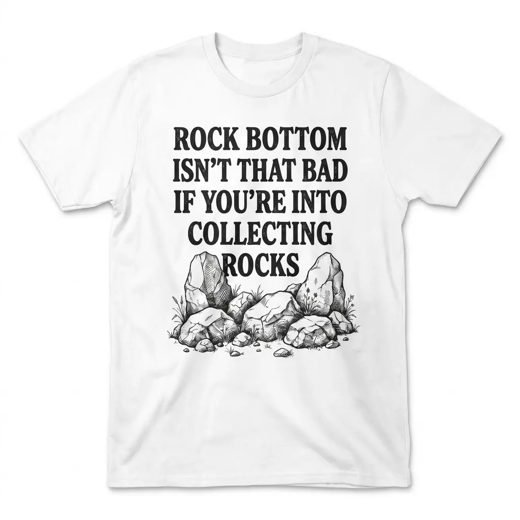 Flat lay front view of a t-shirt featuring the quote 'Rock Bottom Isn't That Bad If You're Into Collecting Rocks' above a pile of boulders.