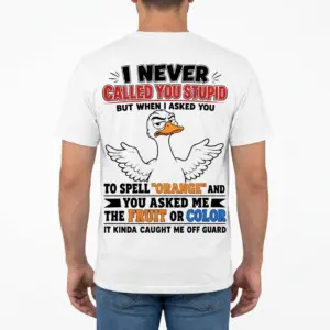 Funny Sarcastic Duck Spell Orange T-Shirt 9 Male model seen from behind wearing the funny sarcastic duck spell orange design on his back.