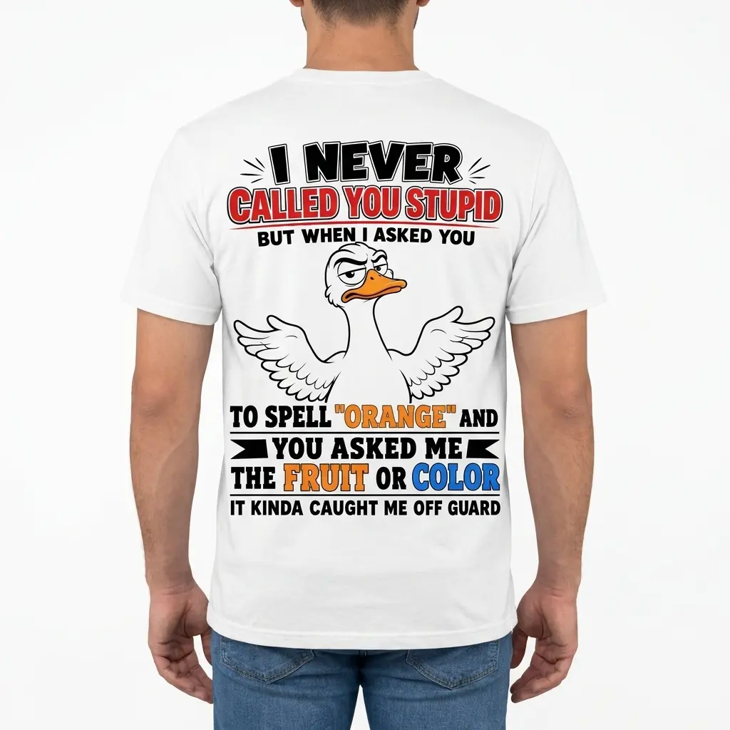 Funny Sarcastic Duck Spell Orange T-Shirt 4 Male model seen from behind wearing the funny sarcastic duck spell orange design on his back.