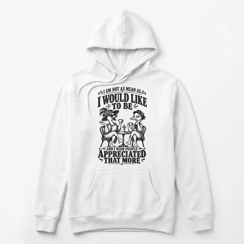 Front flat lay view of a hoodie printed with the funny sarcastic tea-drinking ducks graphic and quote.
