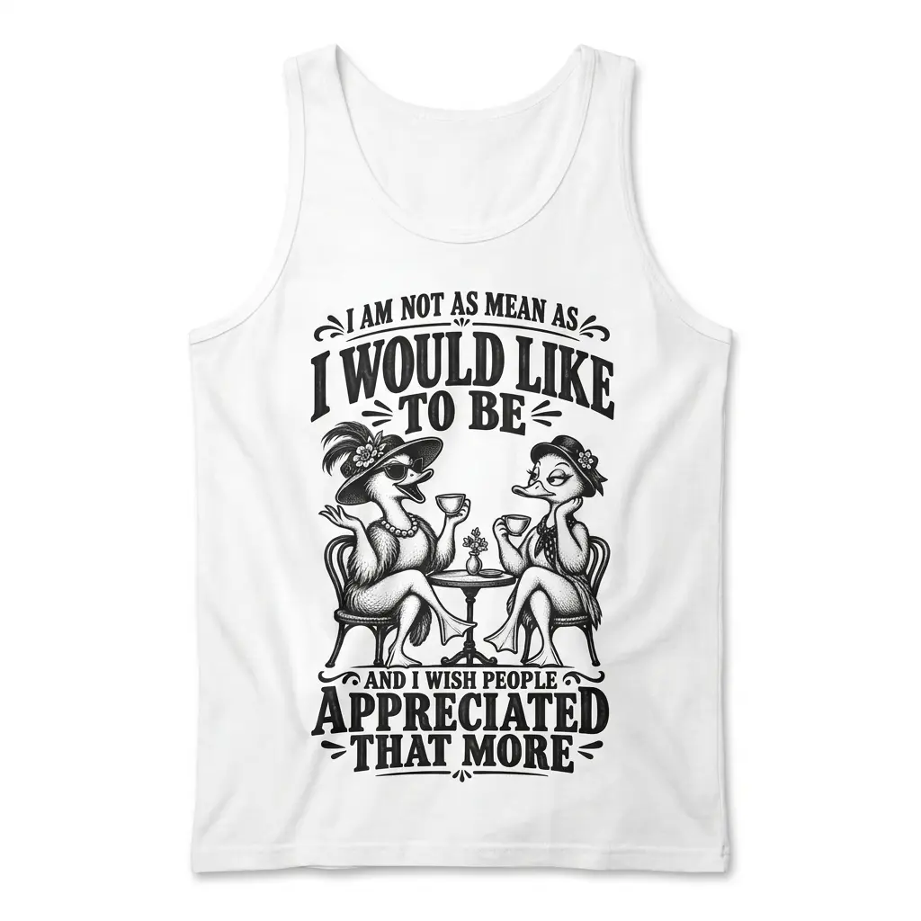Front flat lay of a tank top with the vintage style tea ducks design and sarcastic I am not as mean quote.