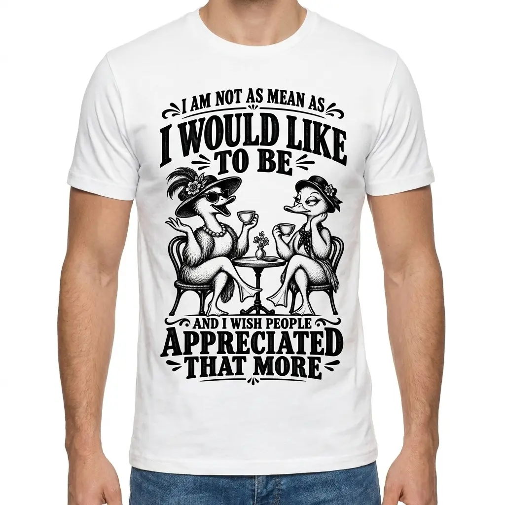 Front view of a male model wearing the funny sarcastic graphic t-shirt with tea-drinking ducks.