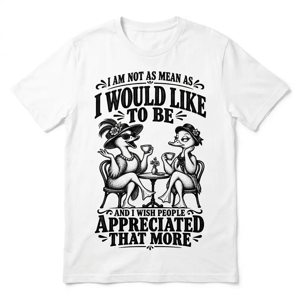 White t-shirt with two sarcastic ducks in hats sipping tea and I Am Not As Mean As I Would Like To Be text