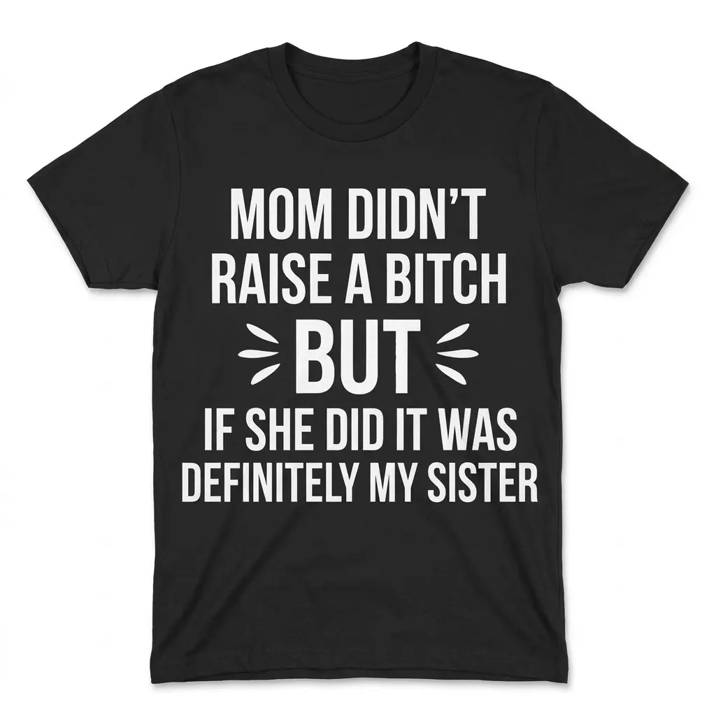 Funny Sibling Sarcasm Graphic T-Shirt 1 Flat lay view of a funny sibling t-shirt with text reading Mom Didn't Raise a Bitch But If She Did It Was Definitely My Sister.