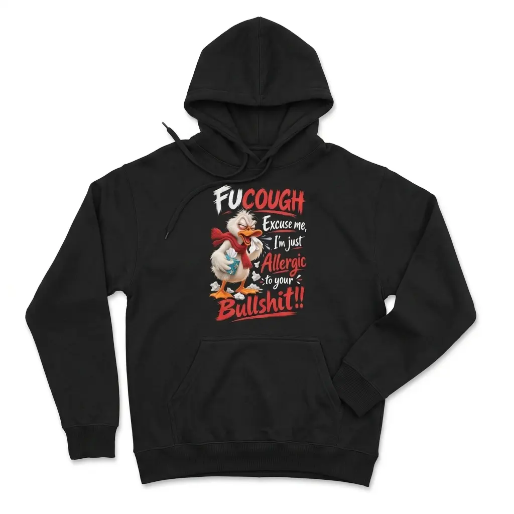 Black front-view hoodie featuring a coughing cartoon duck in a red scarf and bold “Allergic to your Bullshit” lettering