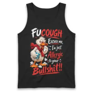 Funny Sick Duck Allergic To Bullshit T-Shirt 8 Front-view tank top with a cartoon duck holding tissues, wearing a red scarf, alongside humorous allergy-themed text