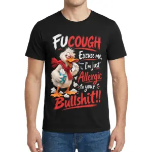 Funny Sick Duck Allergic To Bullshit T-Shirt 9 Man wearing the front-facing Allergic to Bullshit shirt, featuring a coughing cartoon duck and bold red-and-white lettering