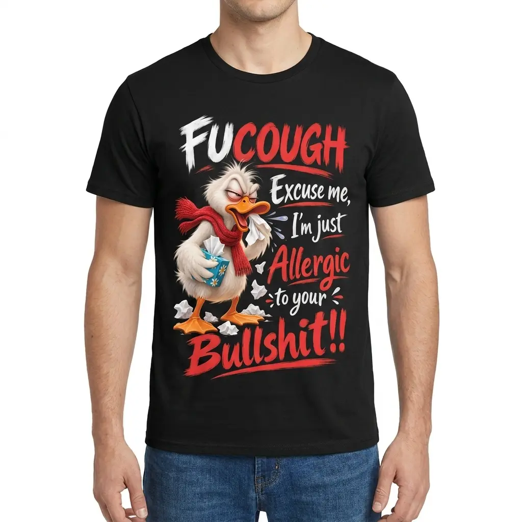 Man wearing the front-facing Allergic to Bullshit shirt, featuring a coughing cartoon duck and bold red-and-white lettering