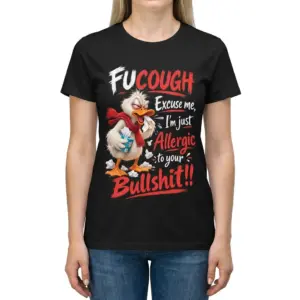 Funny Sick Duck Allergic To Bullshit T-Shirt 11 Woman wearing the front-facing Allergic to Bullshit shirt with a cartoon duck, tissues, red scarf, and bold lettering