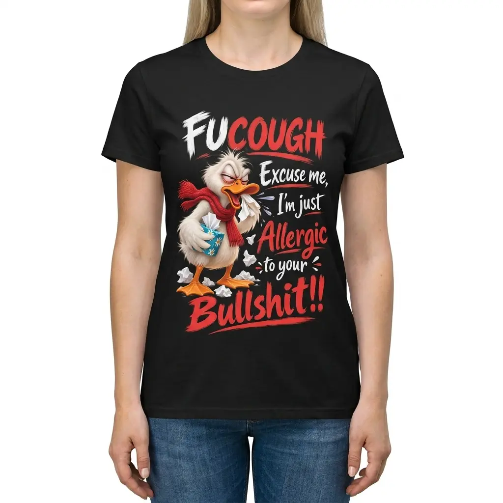 Woman wearing the front-facing Allergic to Bullshit shirt with a cartoon duck, tissues, red scarf, and bold lettering