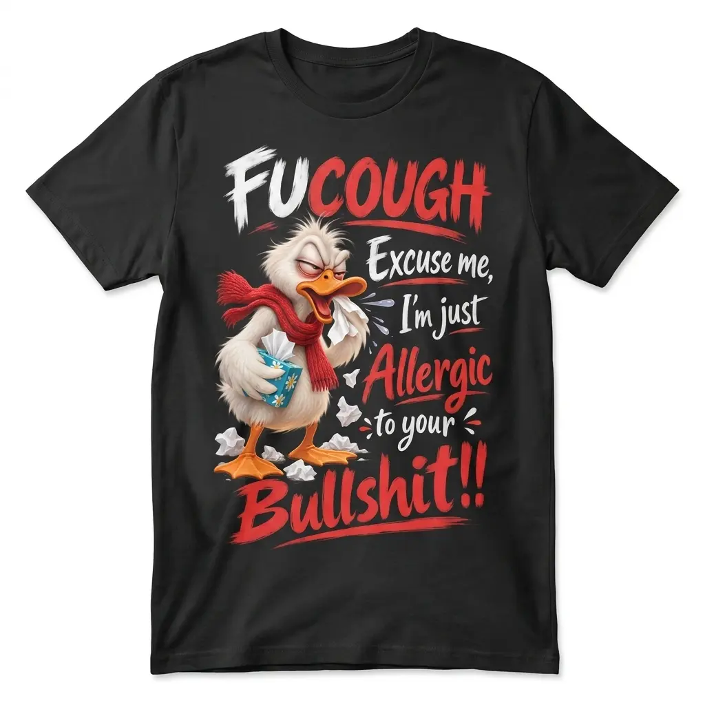 Black front-view T-shirt with a sick cartoon duck in a red scarf and the text “Excuse me, I’m just allergic to your bullshit!”