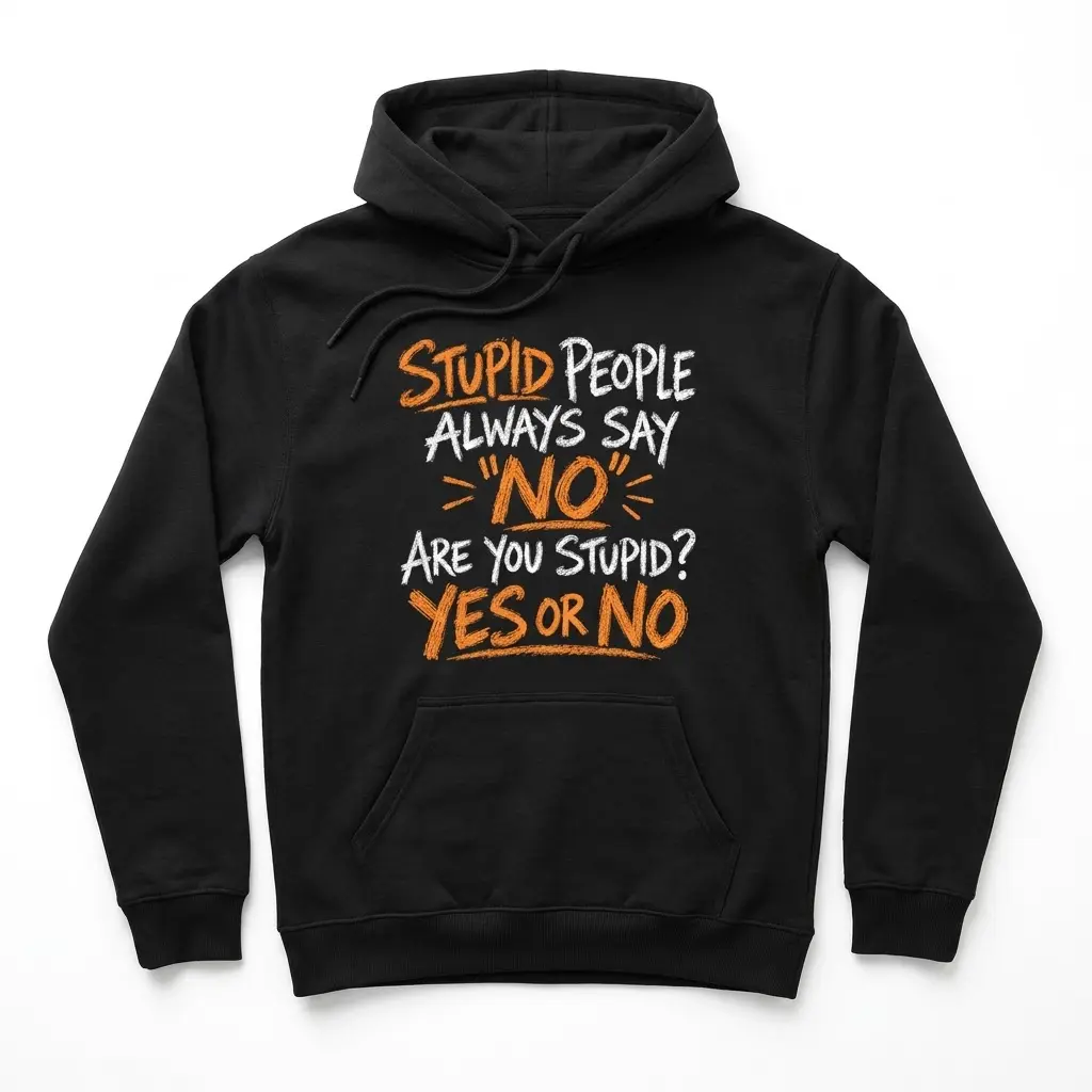 Funny Stupid People Always Say No T-Shirt 2 Flat lay of a hoodie printed with the funny graphic text Stupid People Always Say No Are You Stupid? Yes Or No on the front.