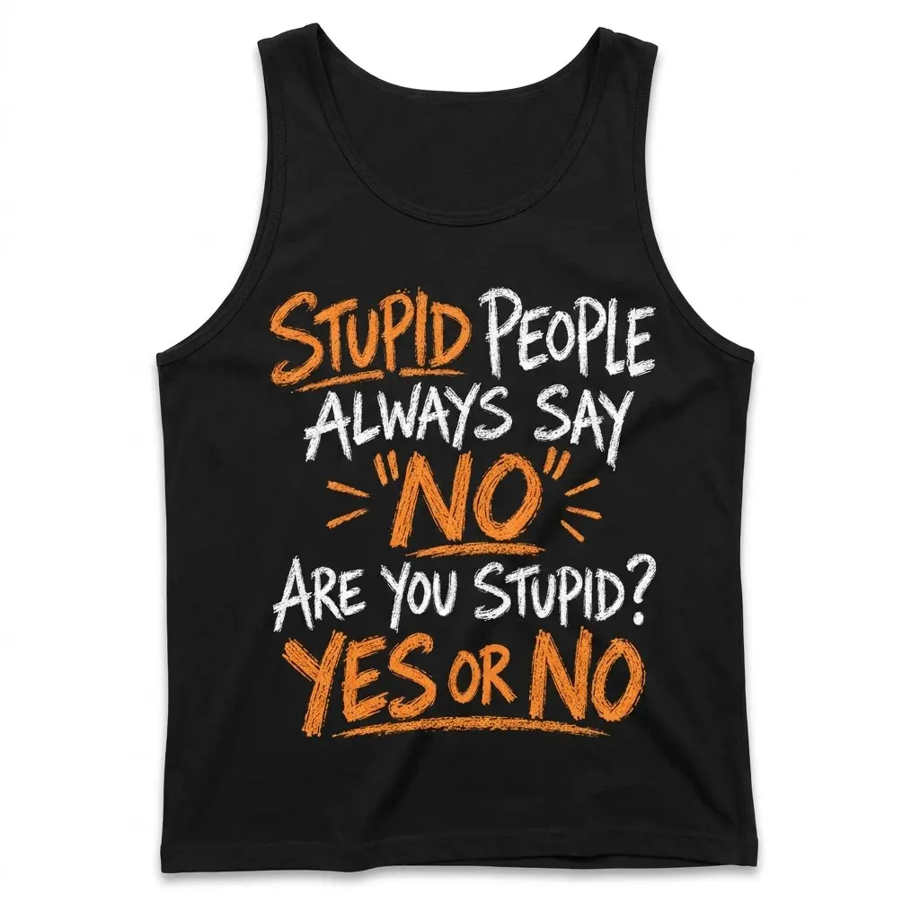 Funny Stupid People Always Say No T-Shirt 3 Flat lay of a tank top displaying the witty quote Stupid People Always Say No Are You Stupid? Yes Or No across the chest.