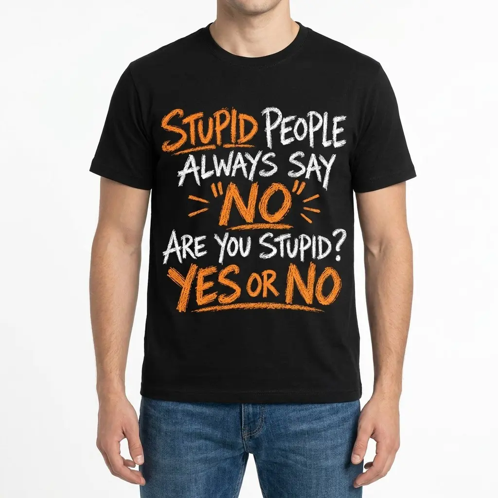 Funny Stupid People Always Say No T-Shirt 4 Front view of a man wearing the sarcastic graphic tee printed with Stupid People Always Say No Are You Stupid? Yes Or No.