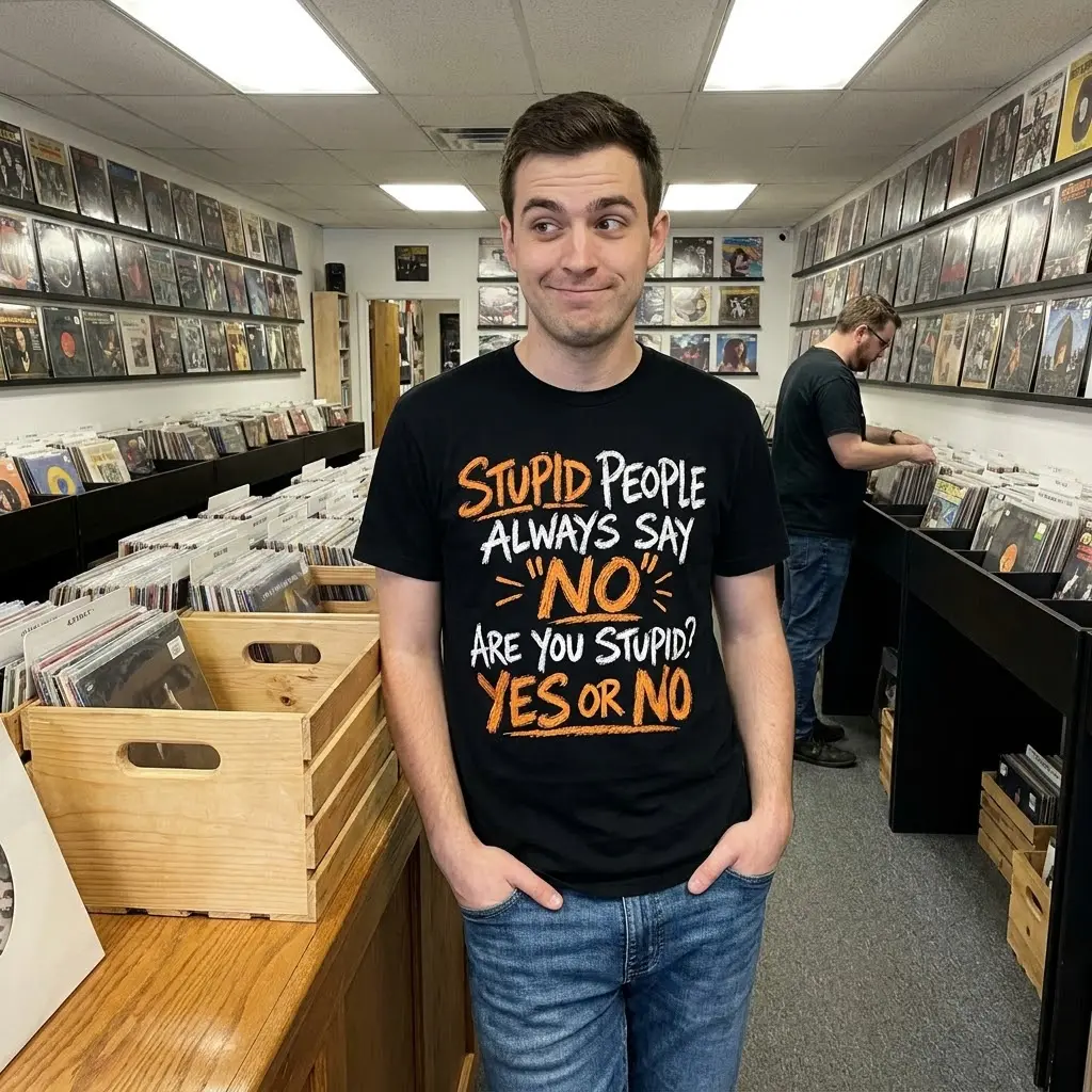 Funny Stupid People Always Say No T-Shirt 5 Lifestyle view of the funny Stupid People Always Say No graphic apparel in everyday casual wear.