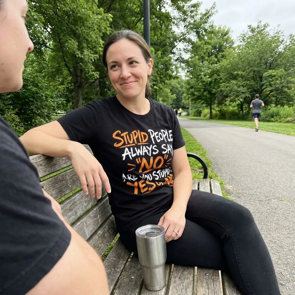 Funny Stupid People Always Say No T-Shirt 6 Casual lifestyle setting showcasing the sarcastic Stupid People Always Say No printed shirt.