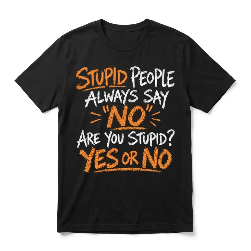 Funny Stupid People Always Say No T-Shirt 1 Flat lay of a black t-shirt featuring the sarcastic text Stupid People Always Say No Are You Stupid? Yes Or No in orange and white lettering.