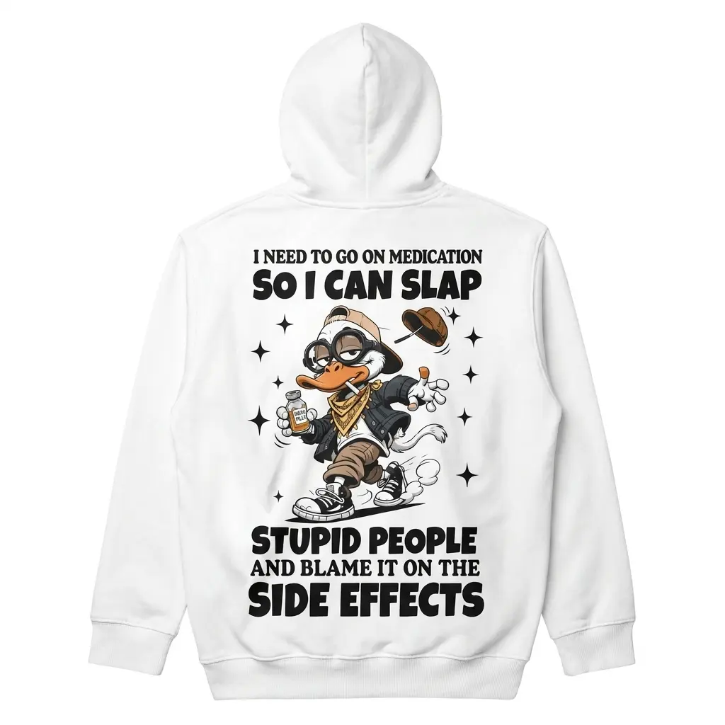 Funny Stupid People Side Effects T-Shirt 2 Back flatlay of a hoodie featuring the funny side effects design with bold text and cartoon duck artwork